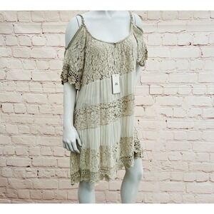 JnJ Couture Womens Boho Lace Babydoll Cold Shoulder Mini Dress Cream Tiered L